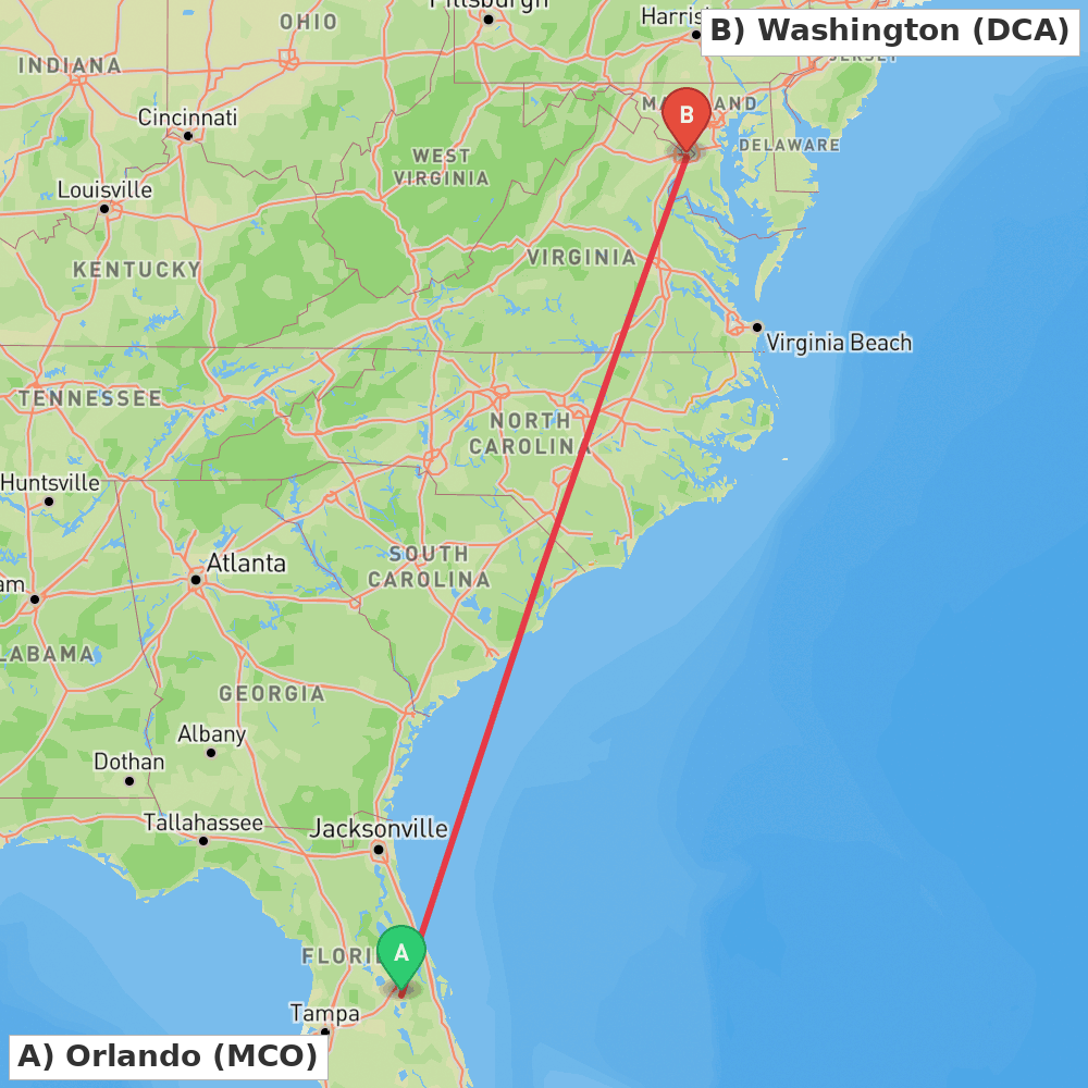 Flight route map from Orlando to Washington