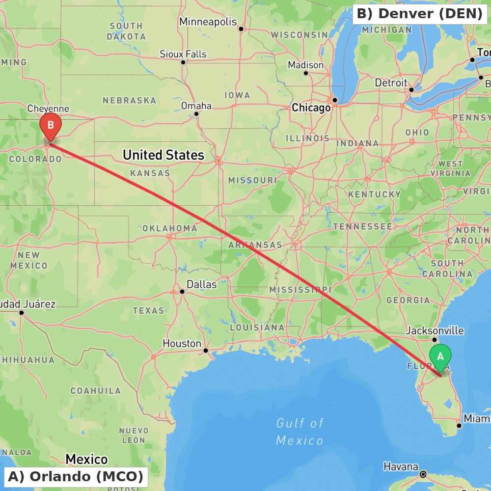 Flight route map from Orlando to Denver