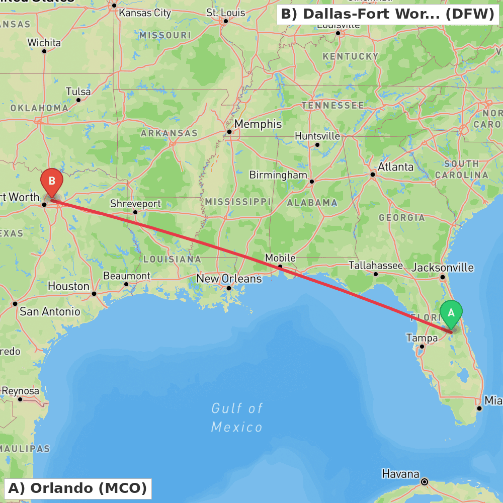 Flight route map from Orlando to Dallas-Fort Worth