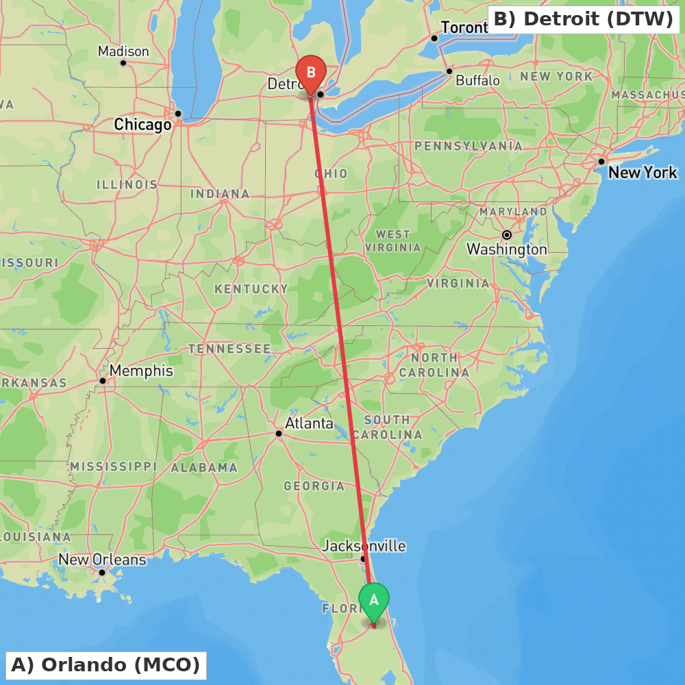 Flight route map from Orlando to Detroit