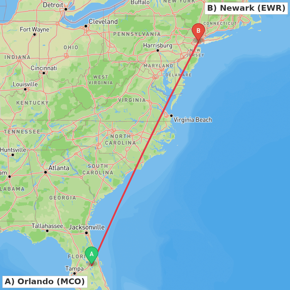 Flight route map from Orlando to Newark