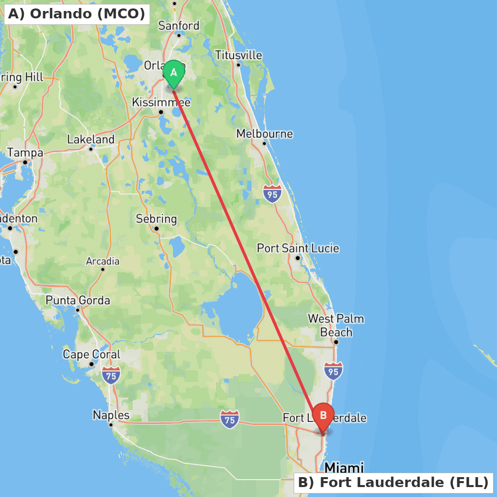 Flight route map from Orlando to Fort Lauderdale