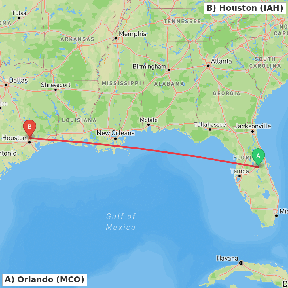Flight route map from Orlando to Houston