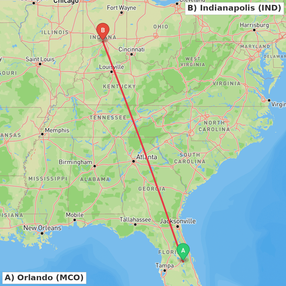 Flight route map from Orlando to Indianapolis