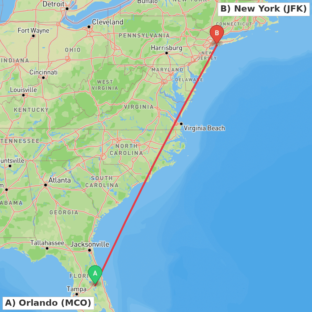 Flight route map from Orlando to New York