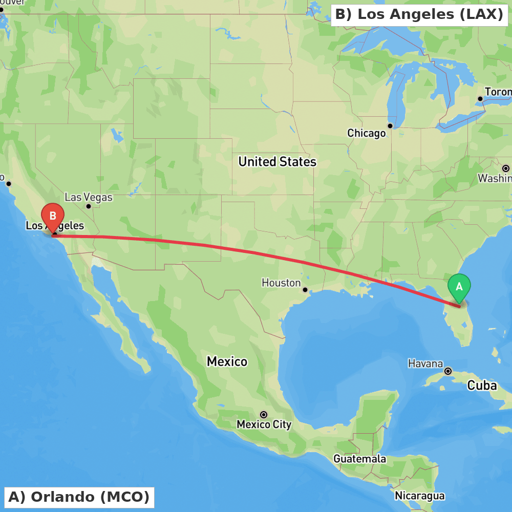 Flight route map from Orlando to Los Angeles