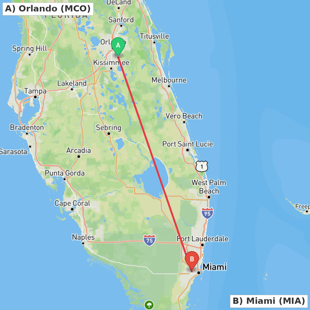 Flight route map from Orlando to Miami