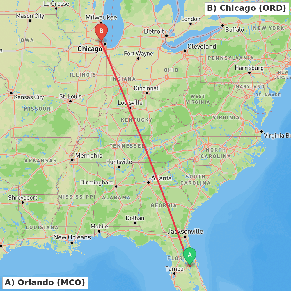 Flight route map from Orlando to Chicago