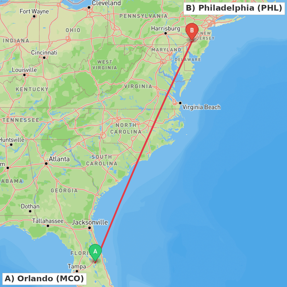 Flight route map from Orlando to Philadelphia