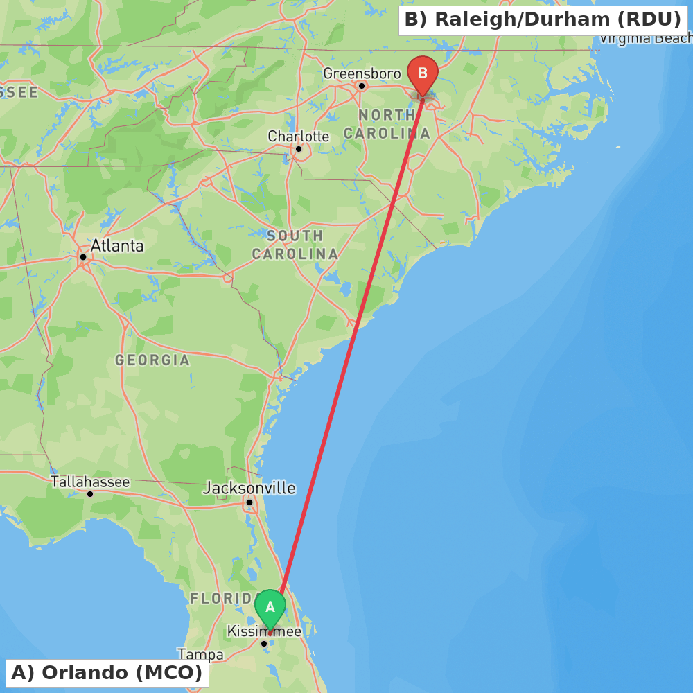 Flight route map from Orlando to Raleigh/Durham