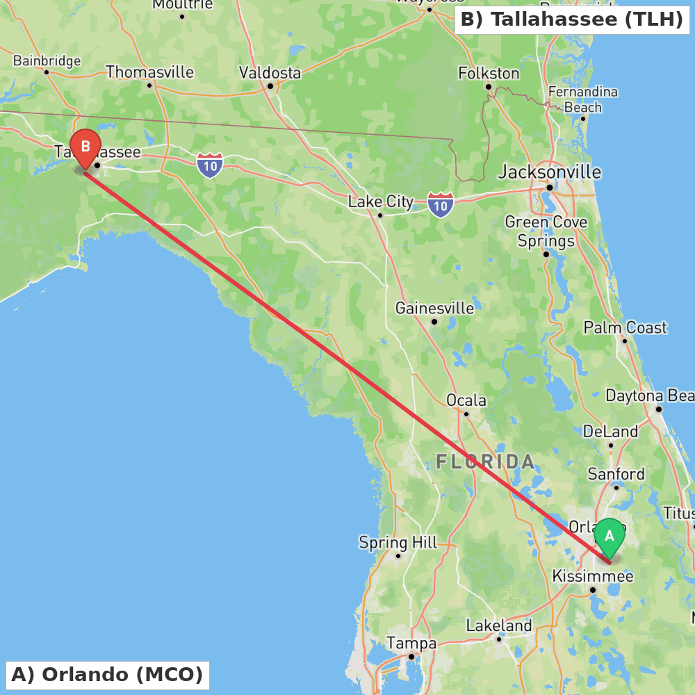 Flight route map from Orlando to Tallahassee