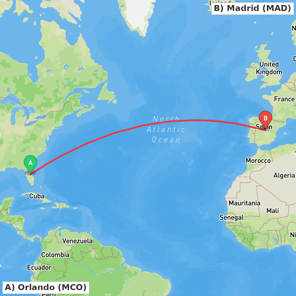 Flight route map from Orlando to Madrid