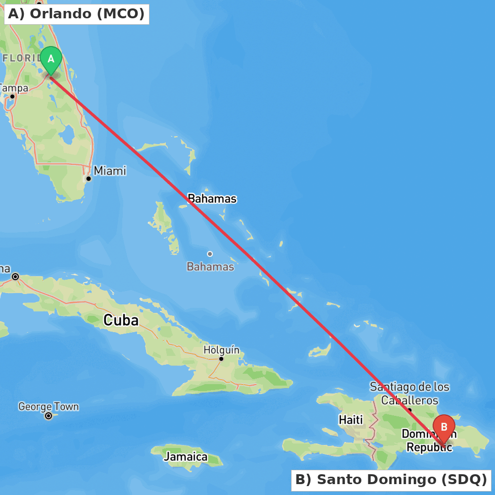 Flight route map from Orlando to Santo Domingo