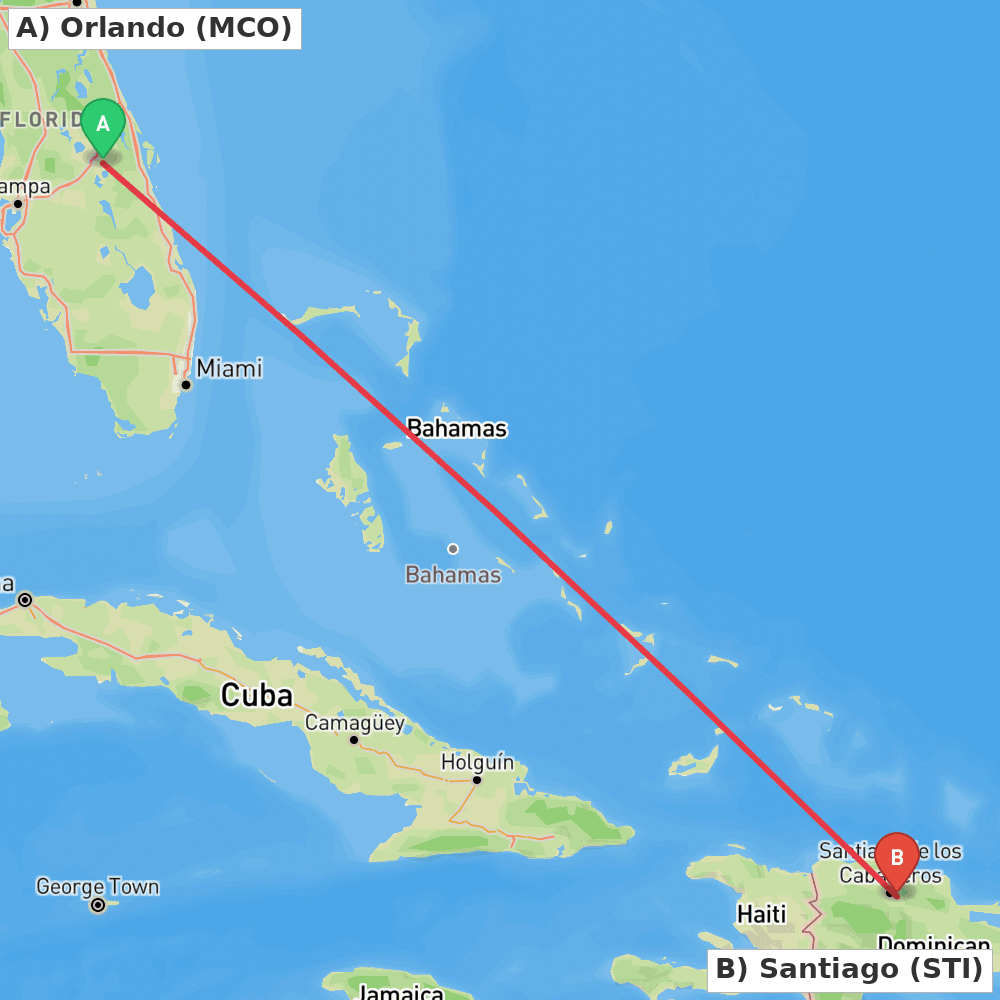 Flight route map from Orlando to Santiago