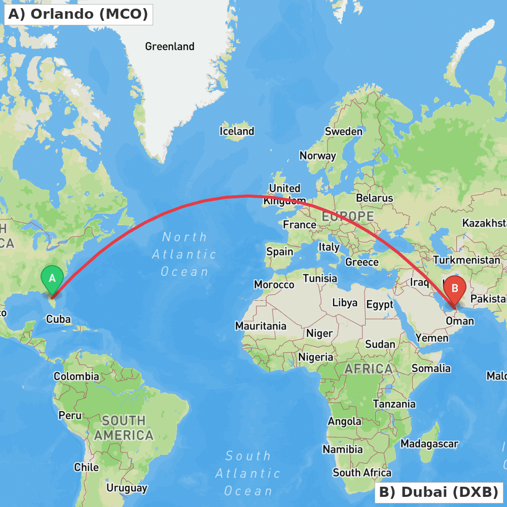 Flight route map from Orlando to Dubai