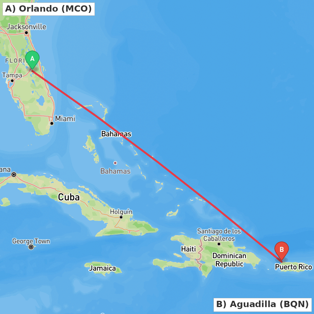 Flight route map from Orlando to Aguadilla