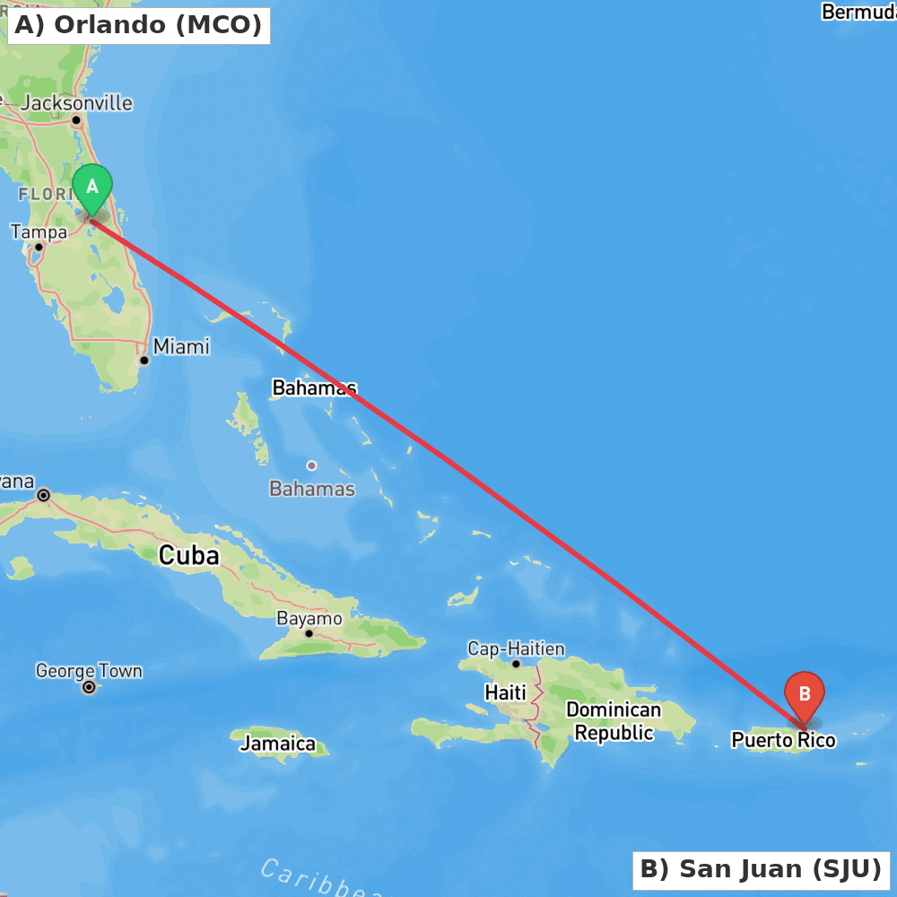 Flight route map from Orlando to San Juan