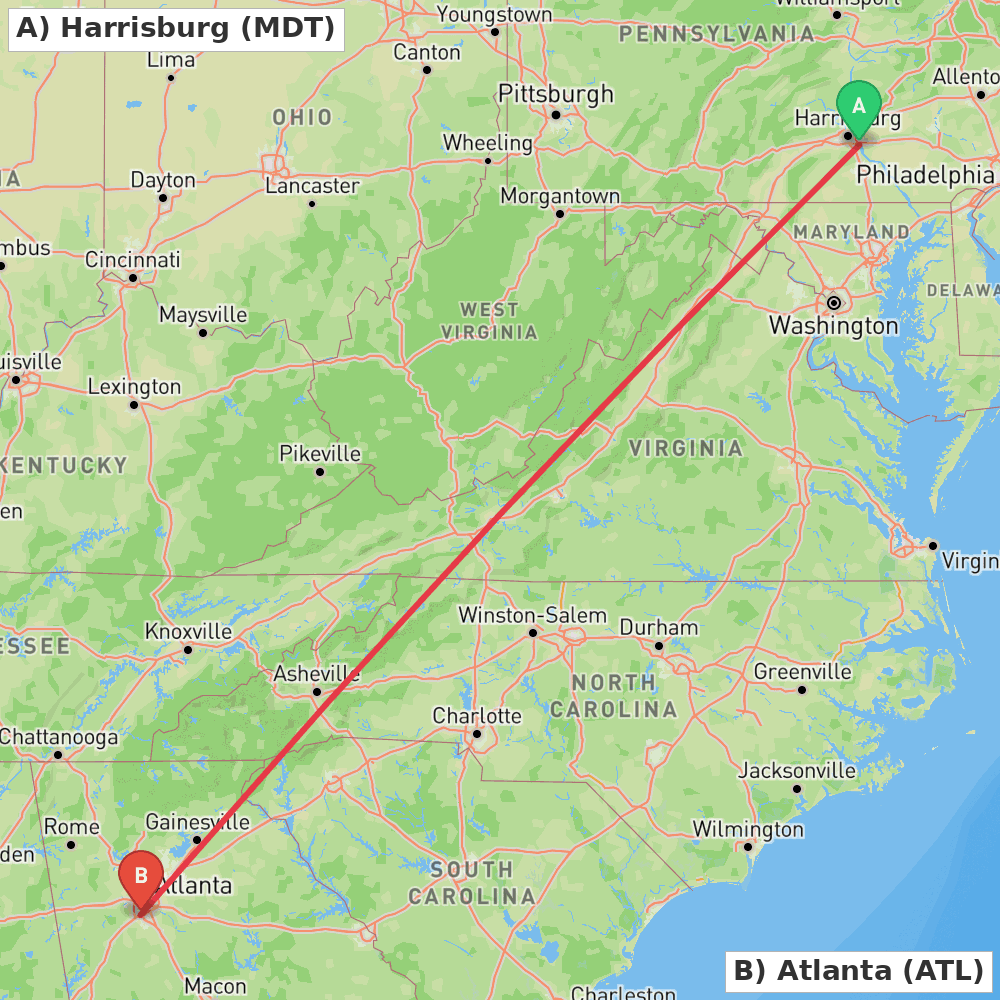 Flight route map from Harrisburg to Atlanta