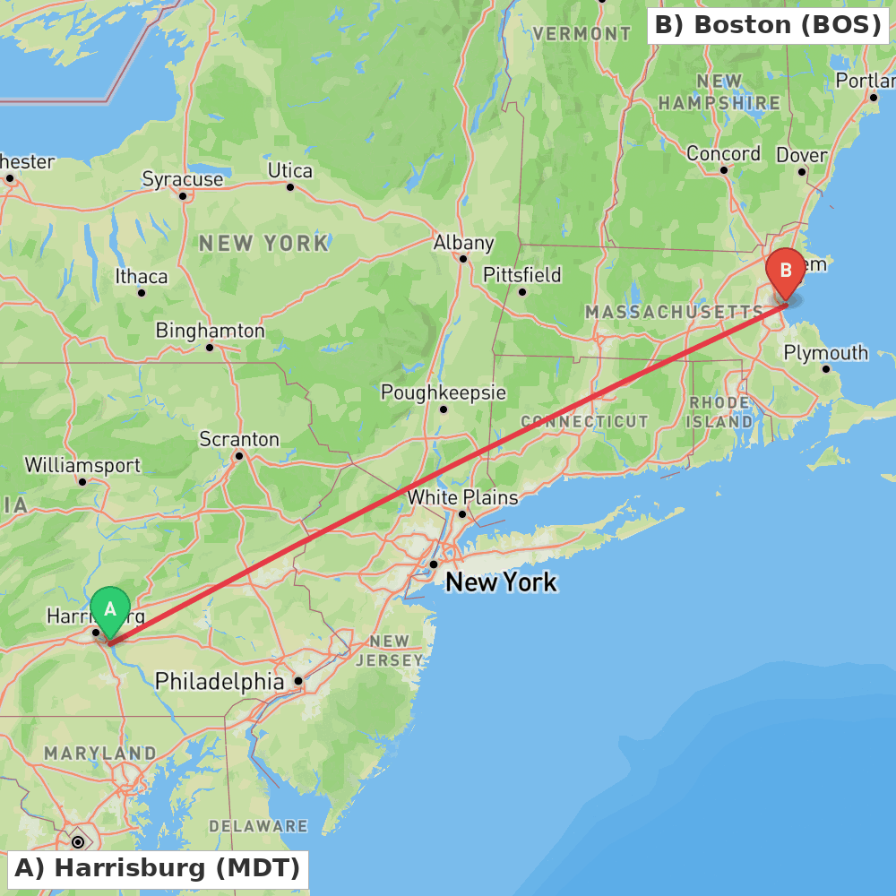 Flight route map from Harrisburg to Boston