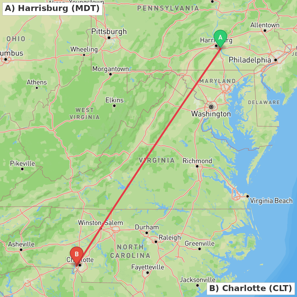 Flight route map from Harrisburg to Charlotte