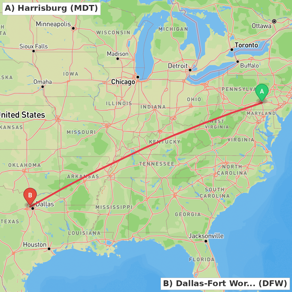 Flight route map from Harrisburg to Dallas-Fort Worth