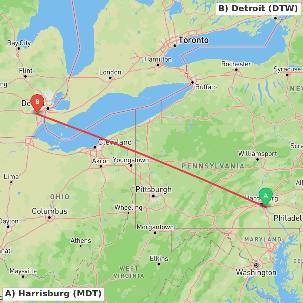 Flight route map from Harrisburg to Detroit