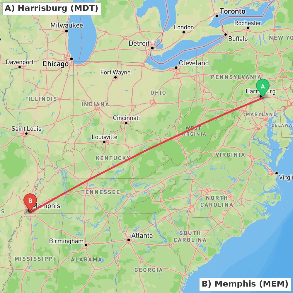 Flight route map from Harrisburg to Memphis