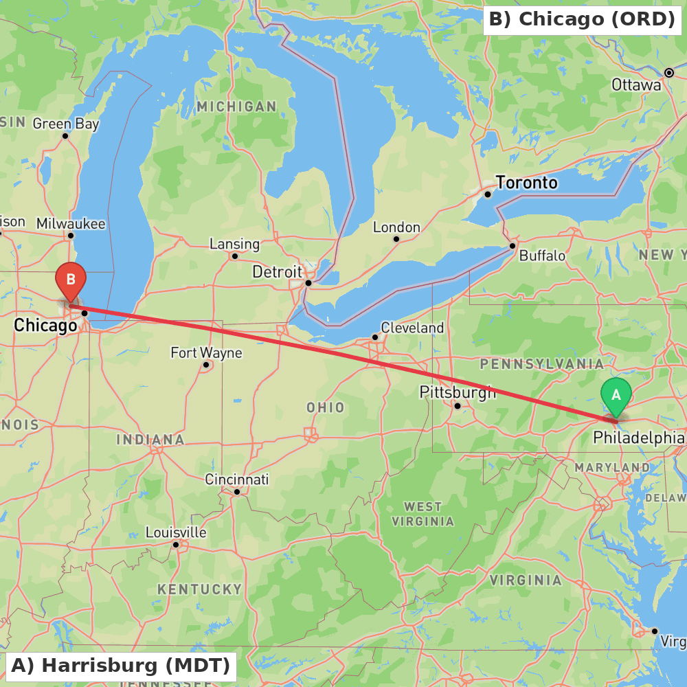 Flight route map from Harrisburg to Chicago
