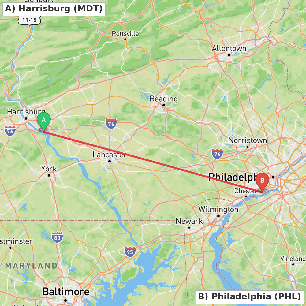Flight route map from Harrisburg to Philadelphia