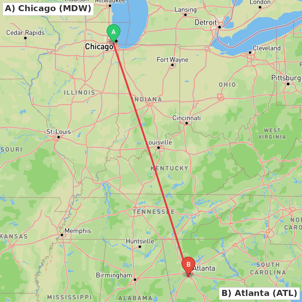 Flight route map from Chicago to Atlanta