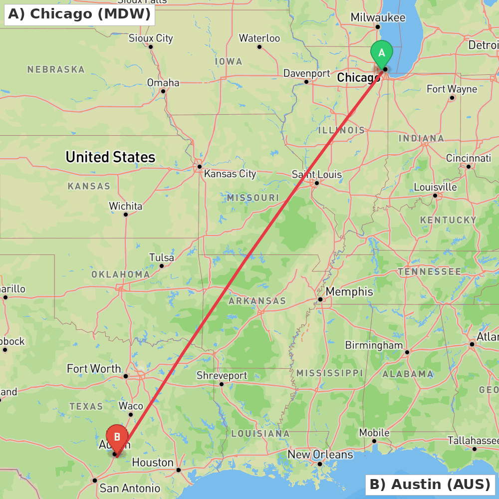 Flight route map from Chicago to Austin