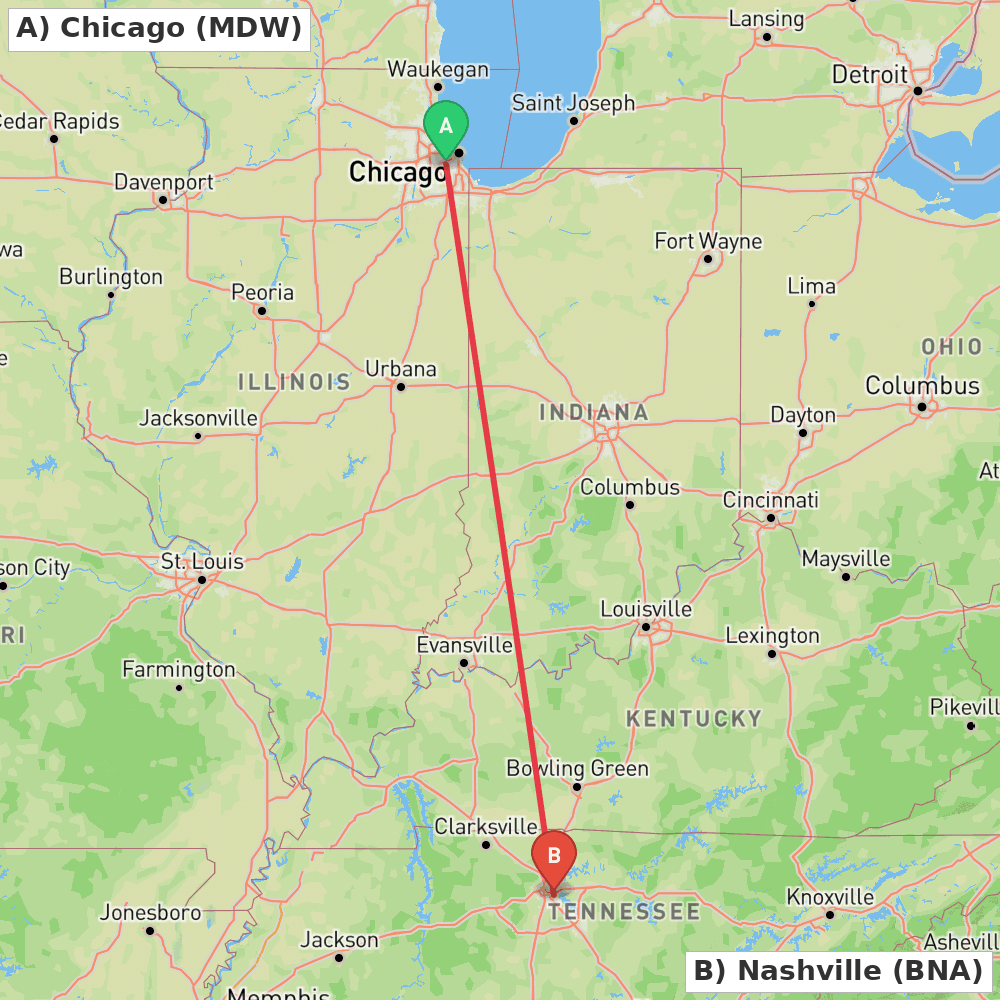 Flight route map from Chicago to Nashville