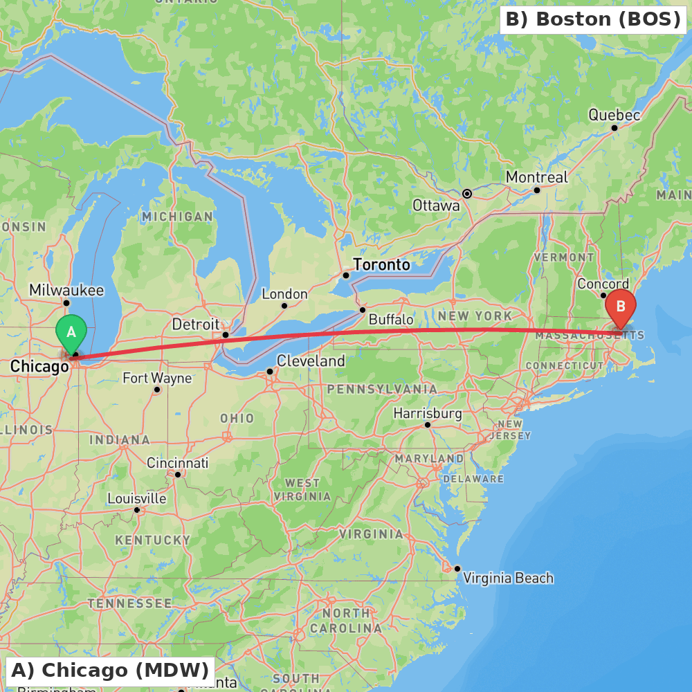 Flight route map from Chicago to Boston