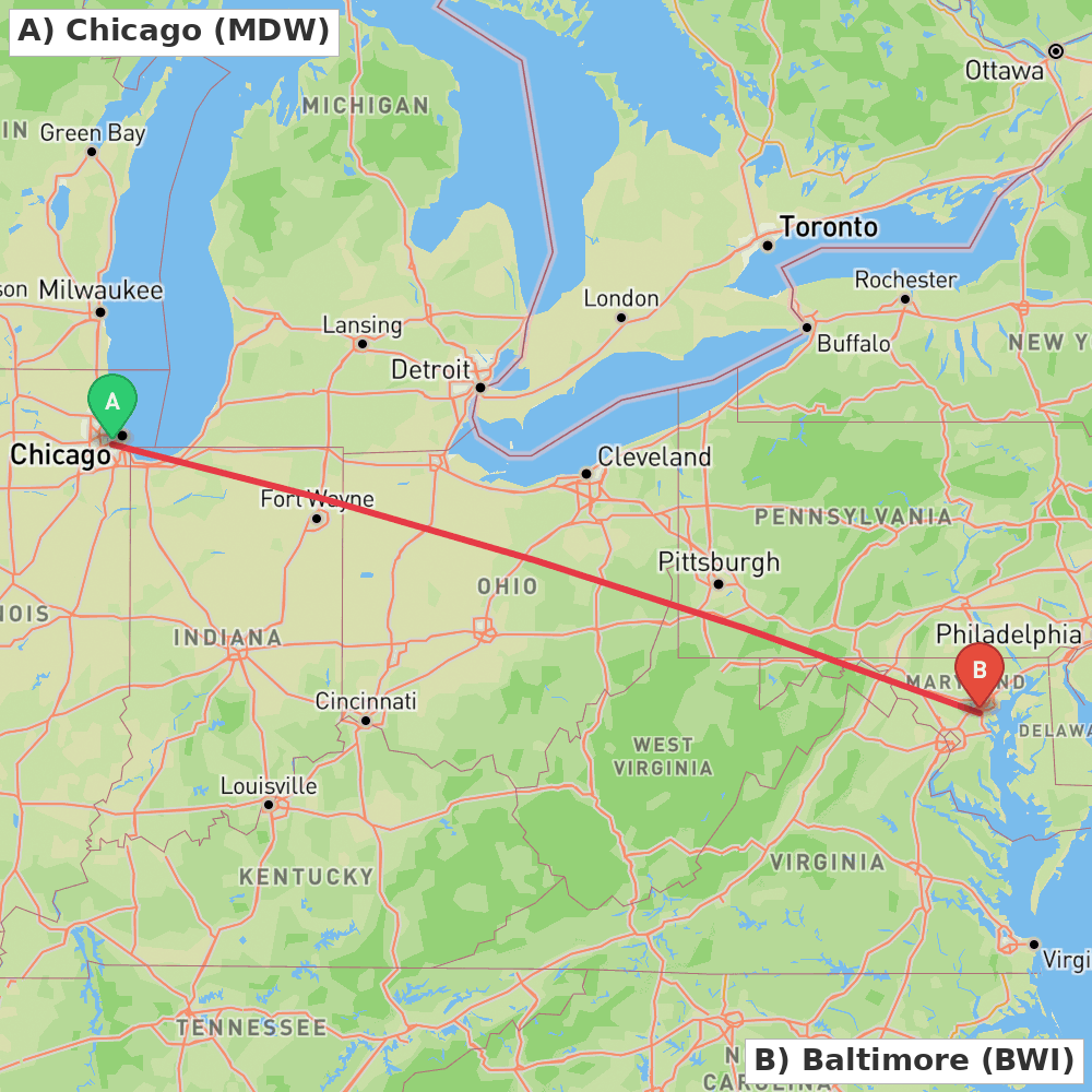 Flight route map from Chicago to Baltimore