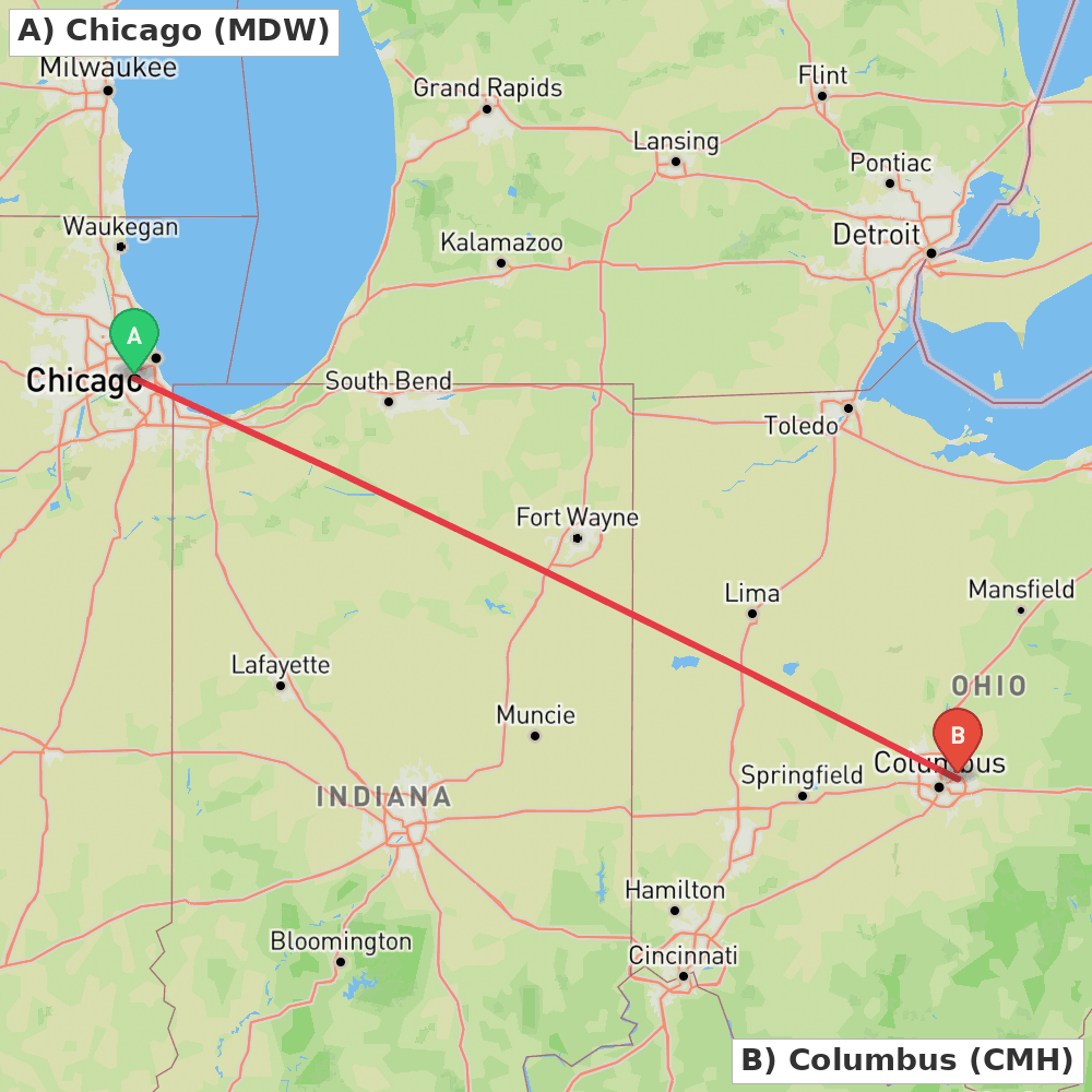 Flight route map from Chicago to Columbus