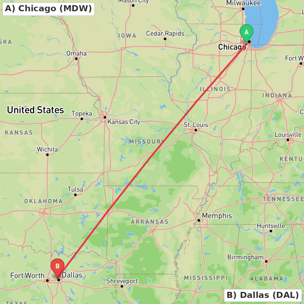 Flight route map from Chicago to Dallas