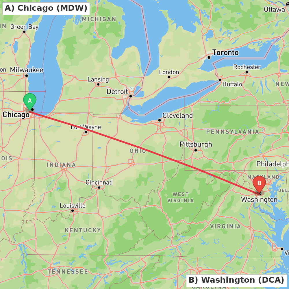 Flight route map from Chicago to Washington