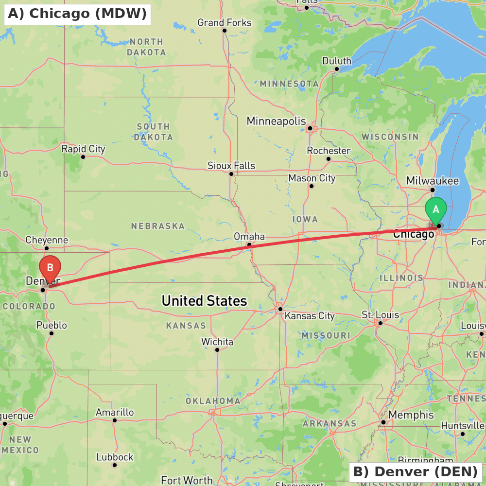 Flight route map from Chicago to Denver