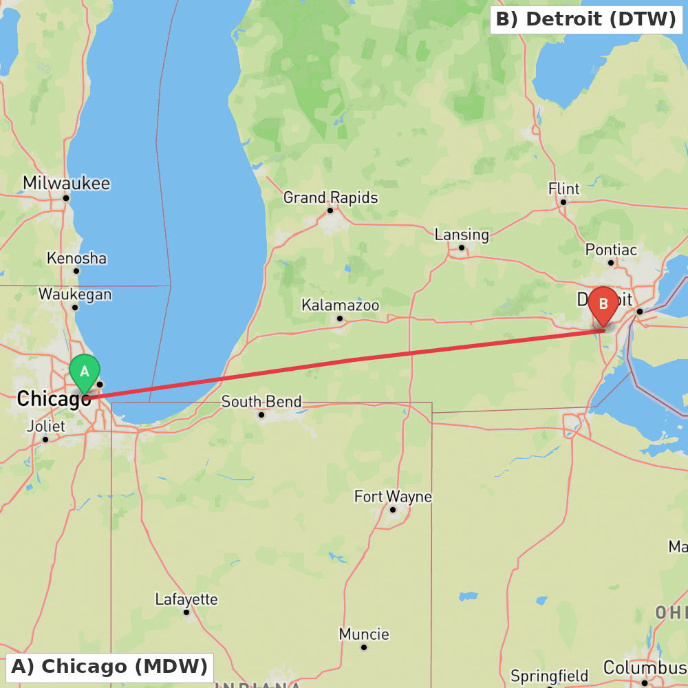 Flight route map from Chicago to Detroit