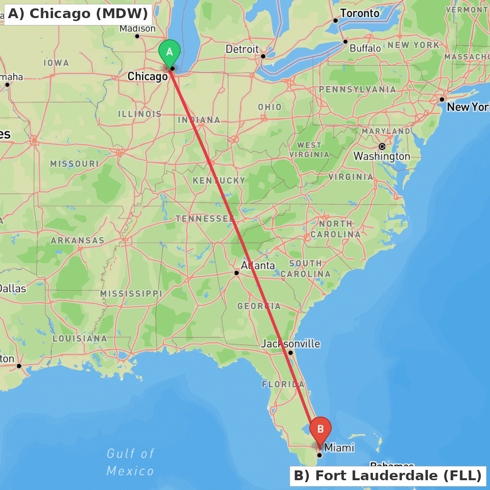 Flight route map from Chicago to Fort Lauderdale