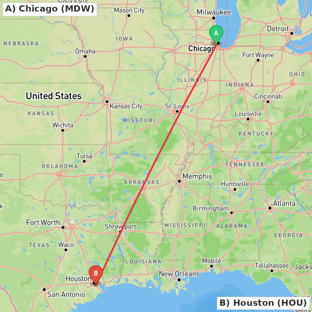Flight route map from Chicago to Houston