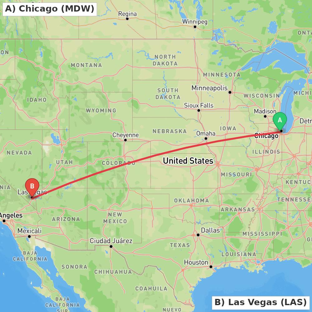 Flight route map from Chicago to Las Vegas