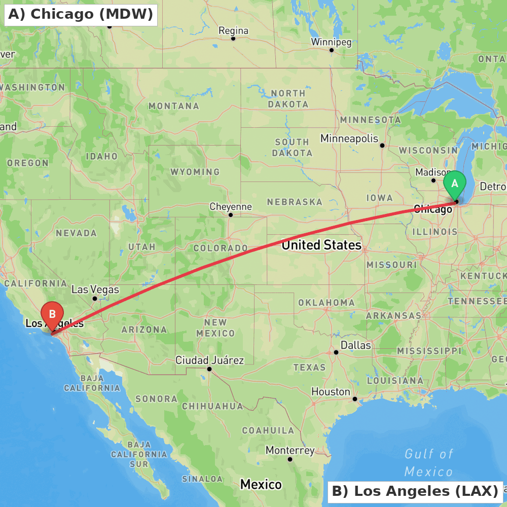 Flight route map from Chicago to Los Angeles