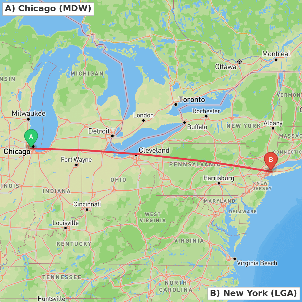 Flight route map from Chicago to New York