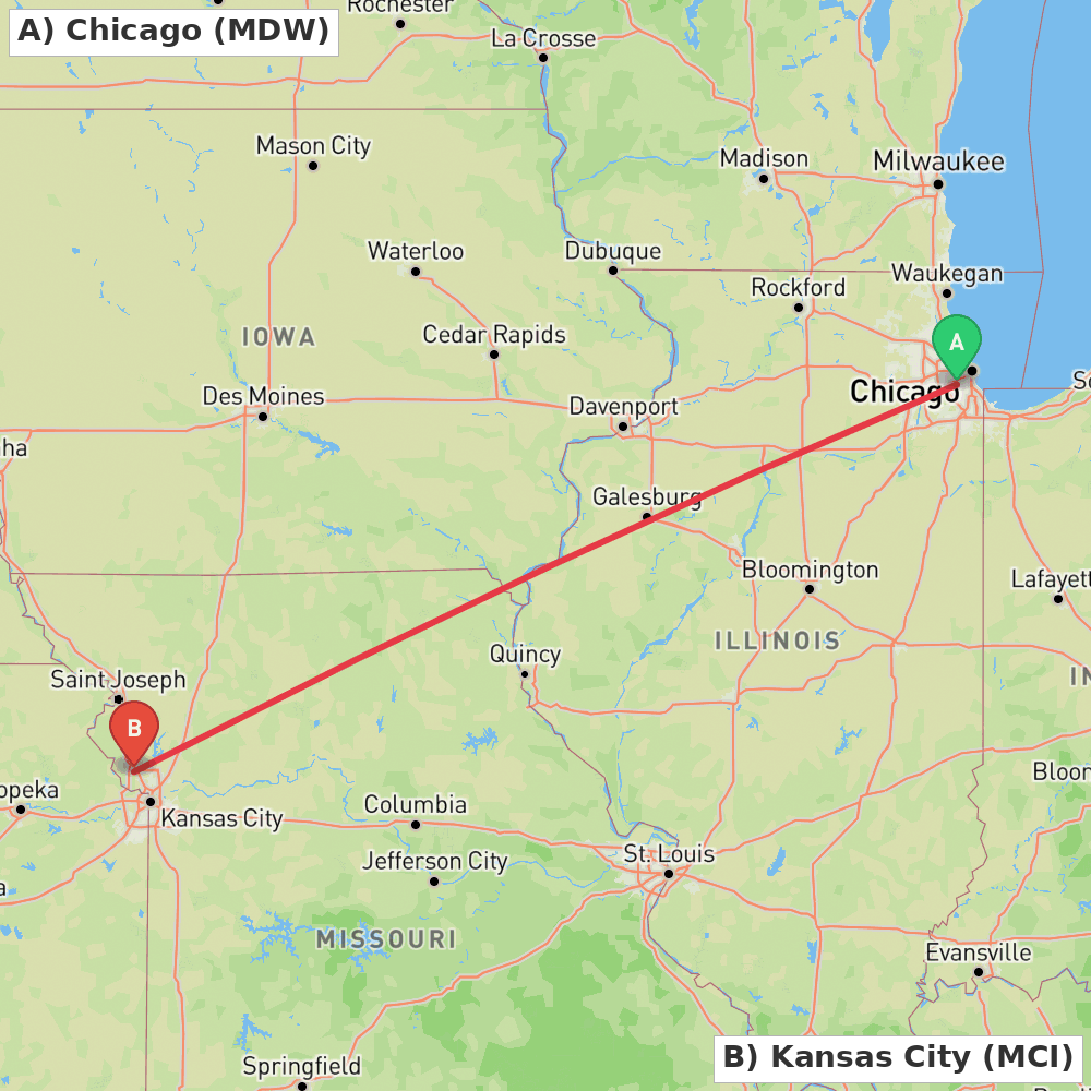 Flight route map from Chicago to Kansas City