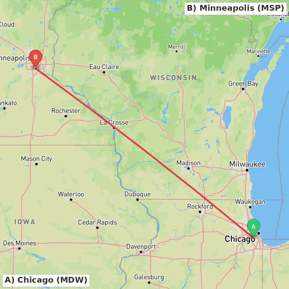 Flight route map from Chicago to Minneapolis