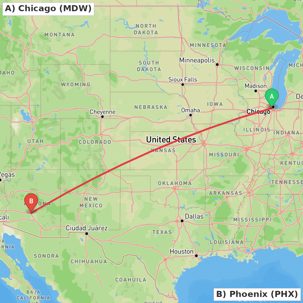 Flight route map from Chicago to Phoenix