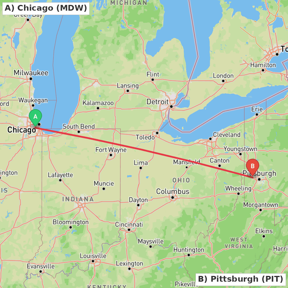 Flight route map from Chicago to Pittsburgh