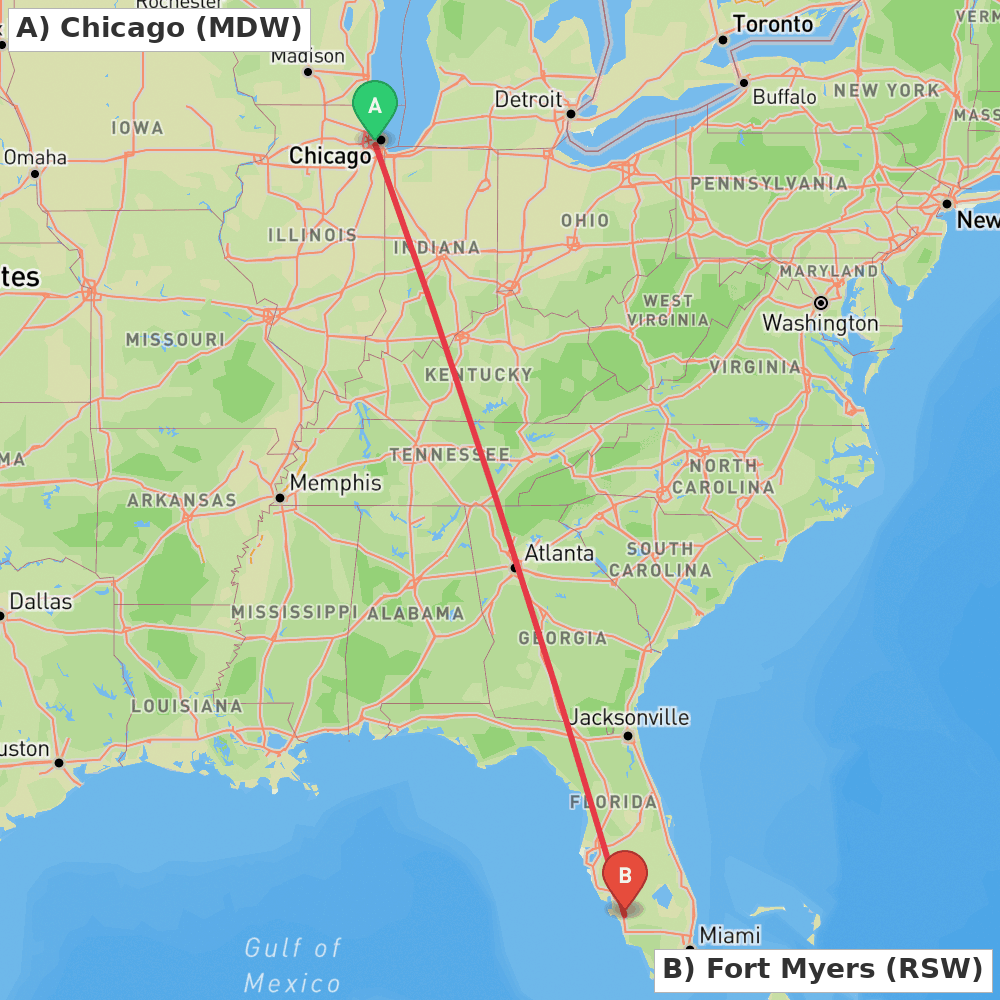 Flight route map from Chicago to Fort Myers