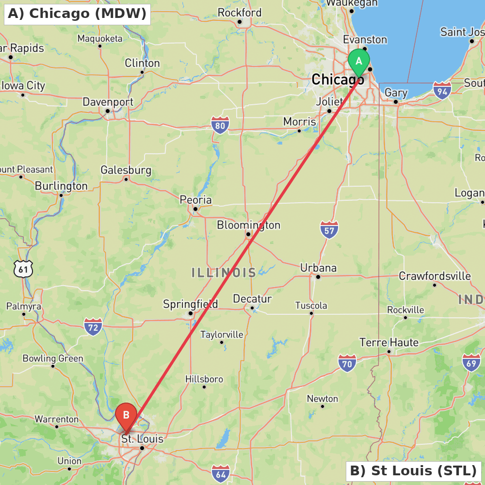 Flight route map from Chicago to St Louis